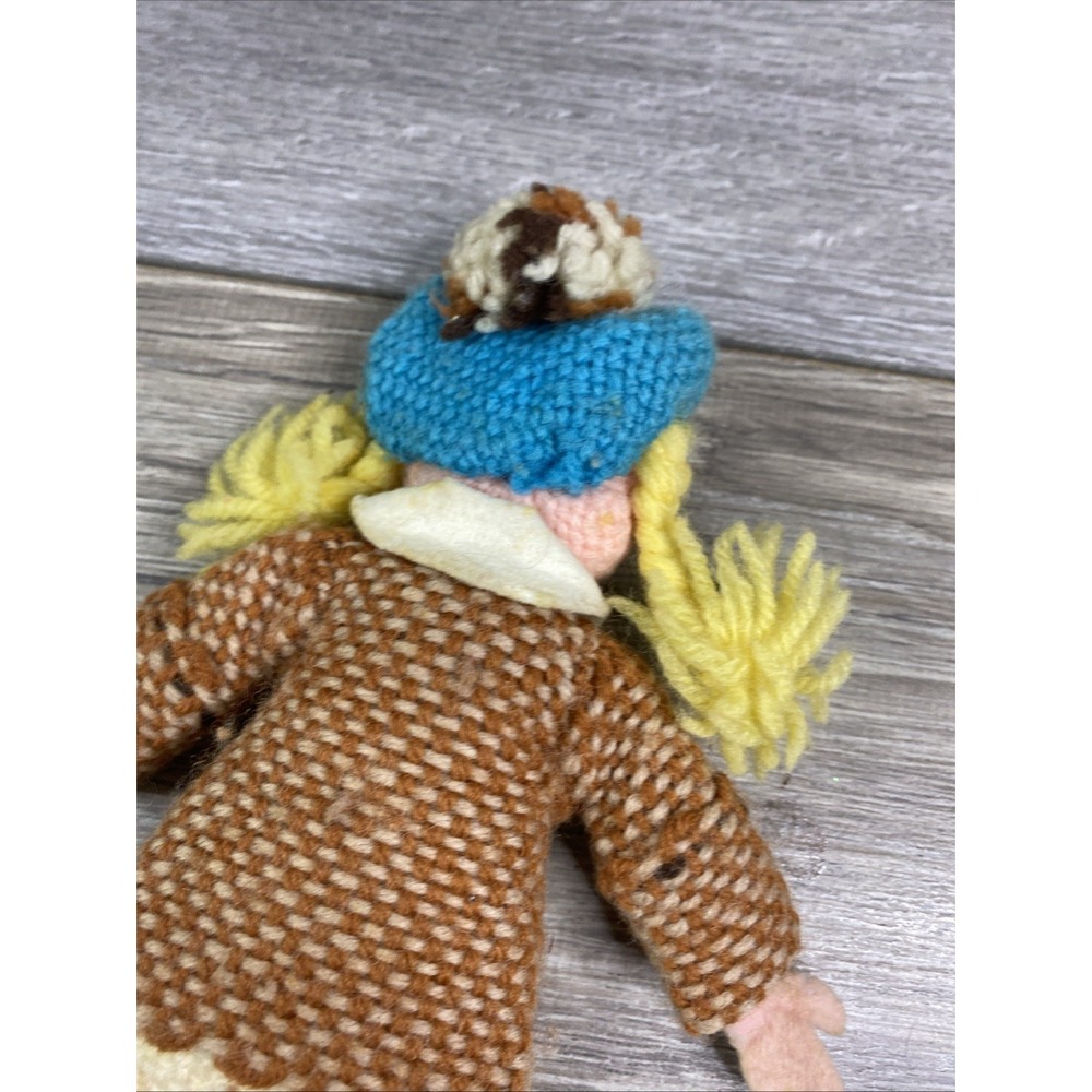 Unbranded Vintage Crochet Doll Girl Small Brown Blue Good Handmade Folk Art Toy - Picture 9 of 10